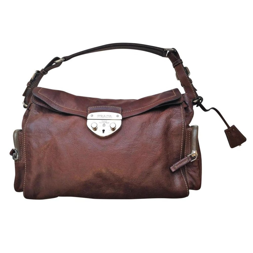 PRADA Brown Leather Pushlock Shoulder Bag